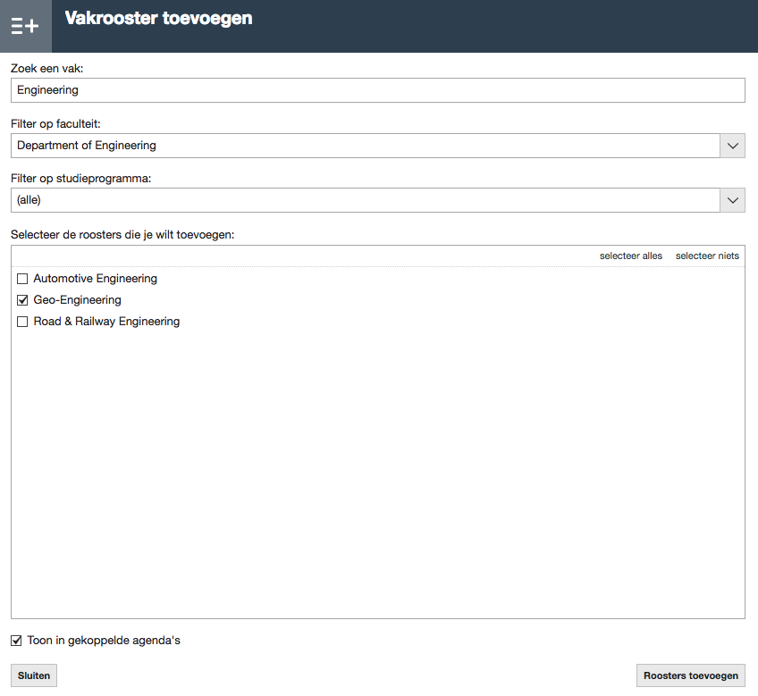 Venster waarin je roosters kan opzoeken en toevoegen