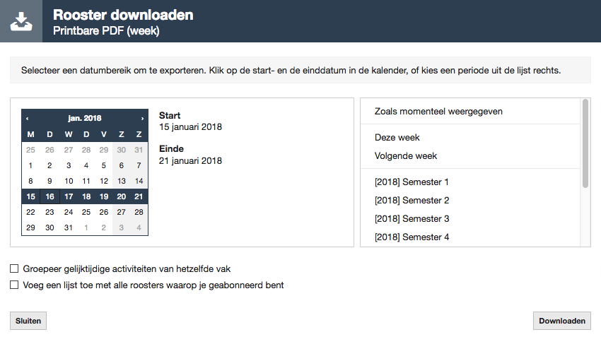 Opties in het downloadvenster